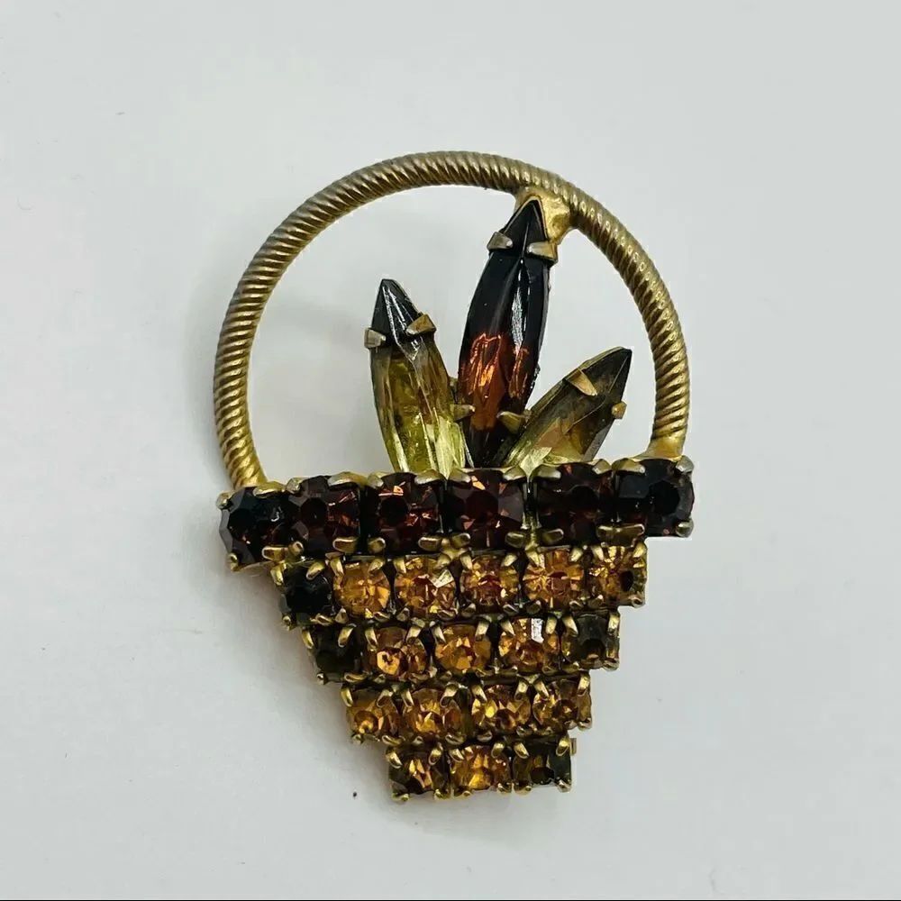 Vintage Brown Amber Rhinestone Basket Pin Brooch